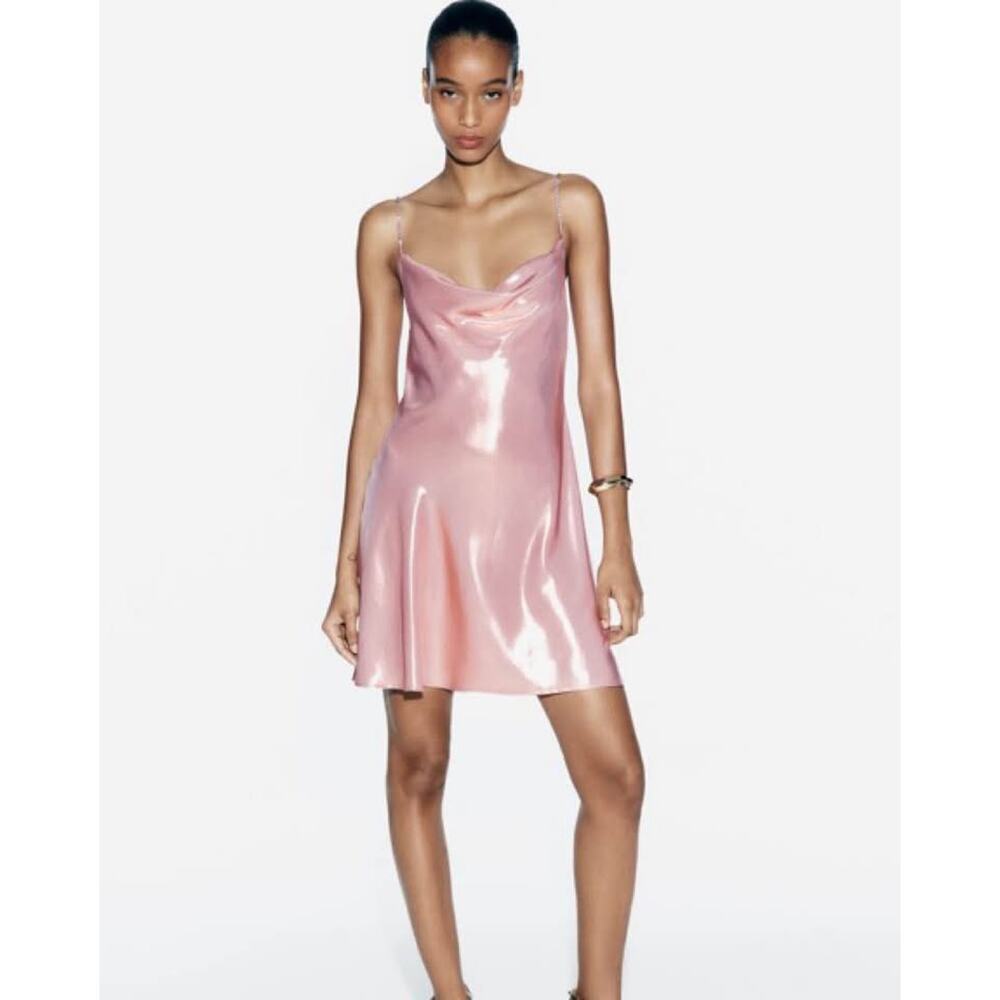 Zara Women’s Small Pink Metallic Foil Cowl Neck Rhinestone Strappy Mini Dress